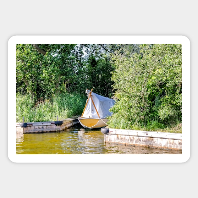 Wooden boat moored in the Norfolk Broads Sticker by yackers1